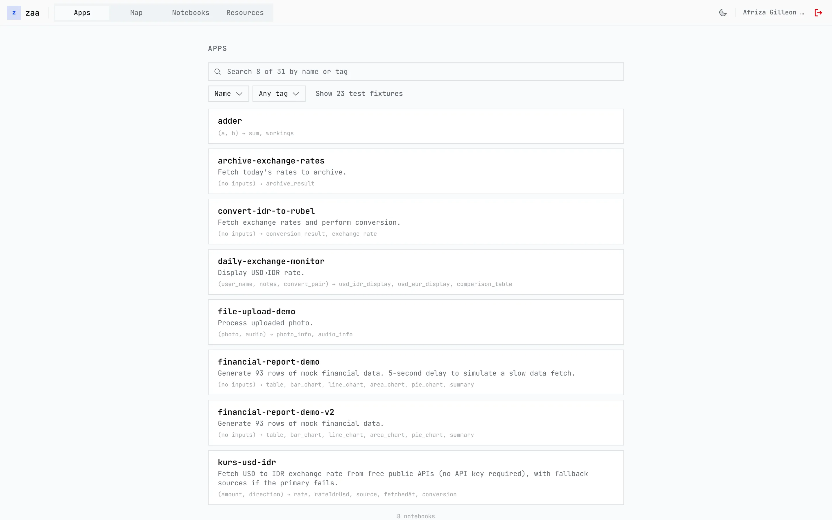 Apps list in Zaatool: each notebook shown with its declared inputs and outputs, for example (a, b) to sum, workings.
