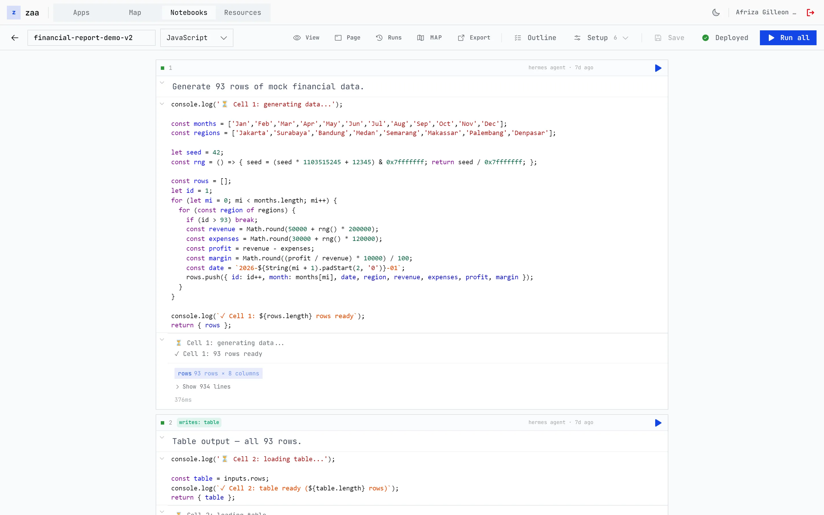 Zaatool notebook editor for a JavaScript notebook named financial-report-demo-v2: cell 1 generates 93 rows of mock financial data and shows its log and a 93 rows by 8 columns output; cell 2 is tagged writes: table.