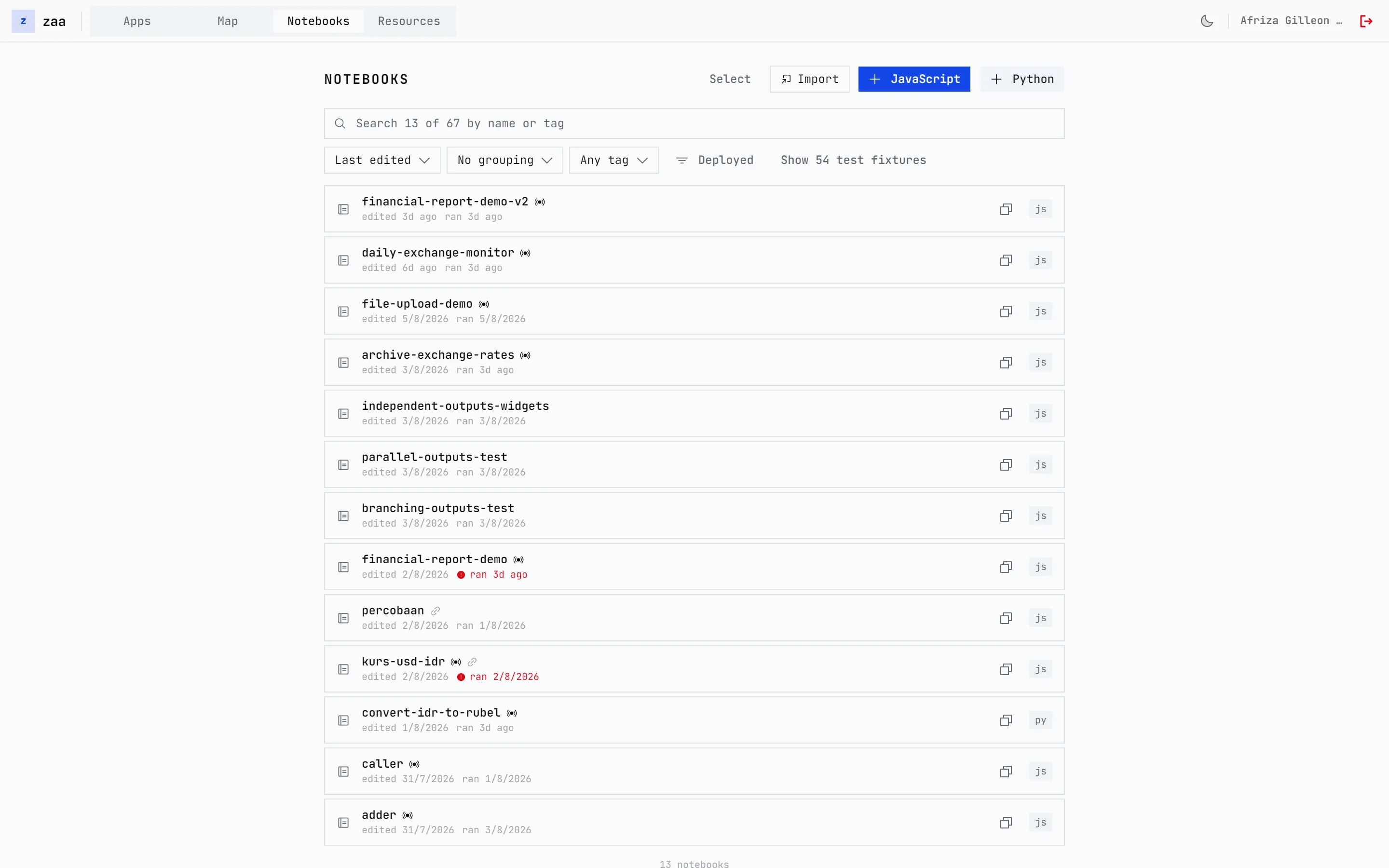 Notebooks list with 13 notebooks, each with when it was last edited and run and whether it is JavaScript or Python, plus buttons to import or create a JavaScript or Python notebook.