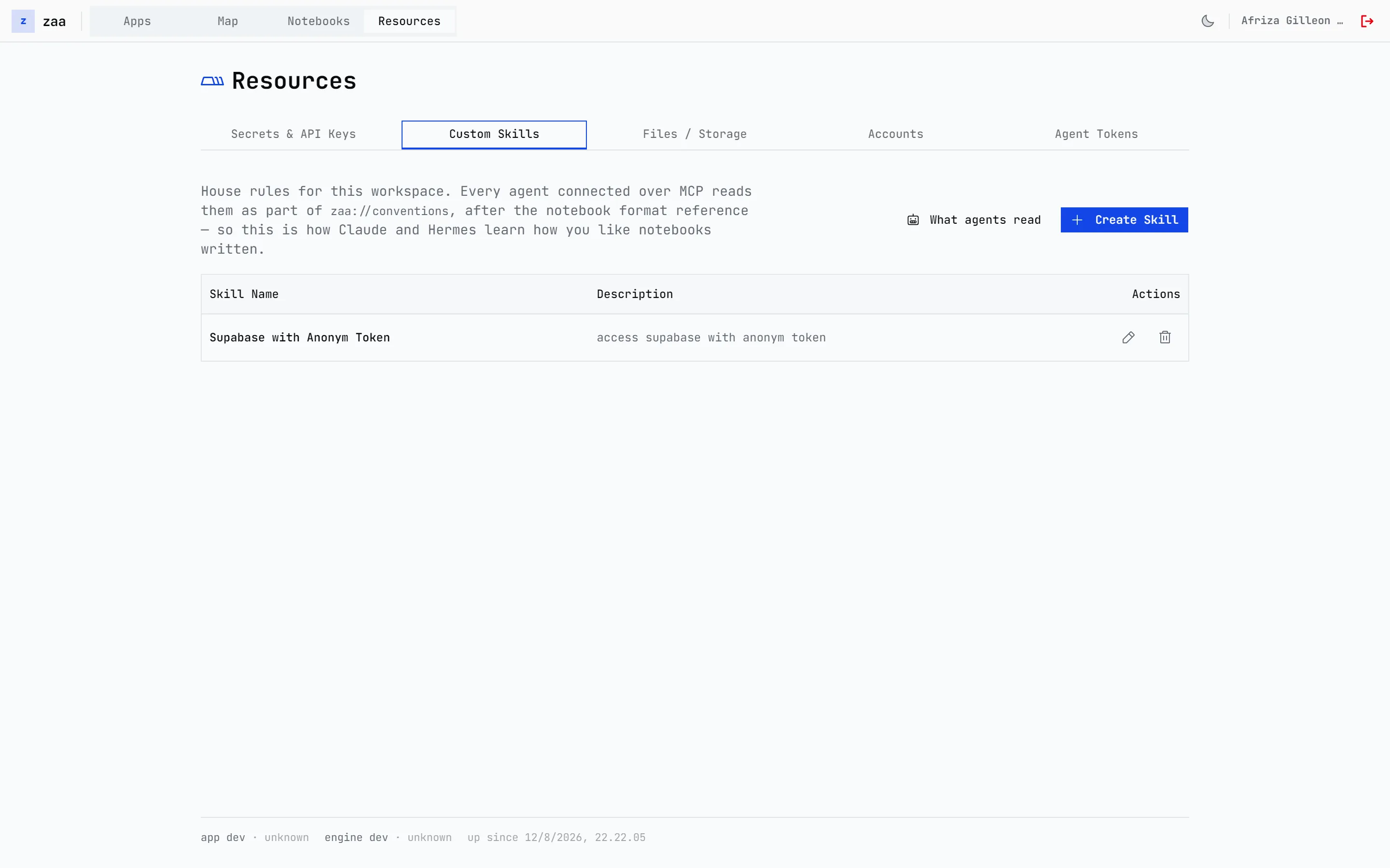 Resources page on the Custom Skills tab: house rules that every agent connected over MCP reads, next to tabs for secrets and API keys, files, accounts and agent tokens.
